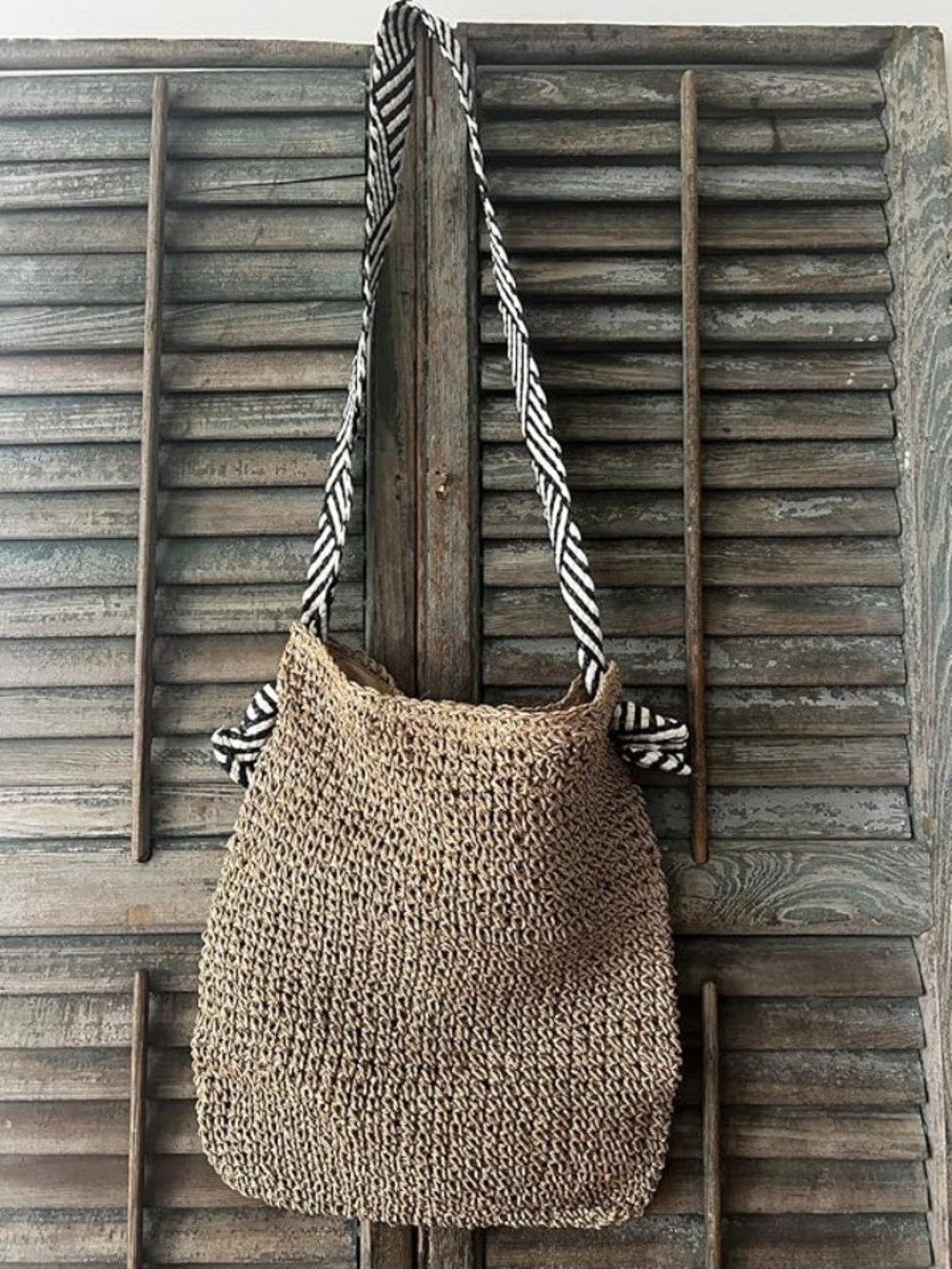 New Boho Handwoven Straw Large Tote  Shoulder Bag With Chevron Geometric Strap